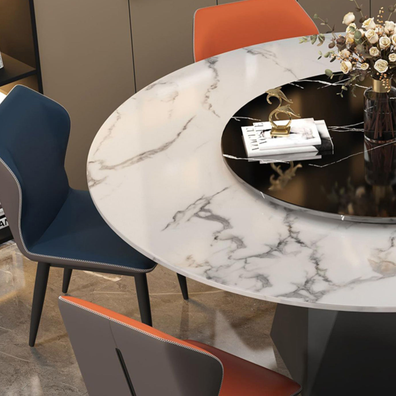 Marble Round Dining Table Contemporary Style Dining Site Table with Turntable