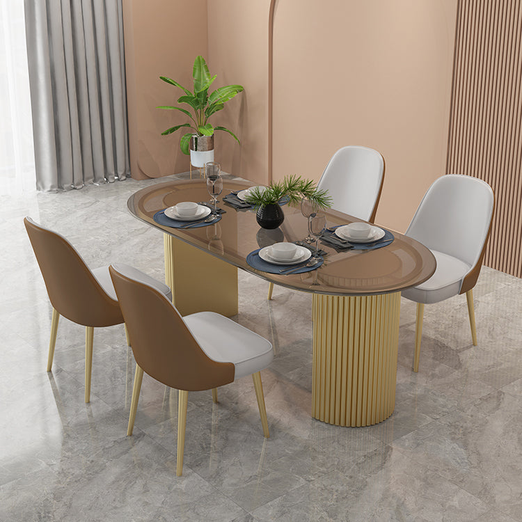 Glass Top Dining Table Modern Oval Dining Table with Double Pedestal Base 70.9"L x 35.4"W x 29.5"H Without Chairs Clearhalo 'Dining Tables & Seating' 'Dining Tables' 'dining_table' 'furn' 'furn_dining_table' 'Furniture' 'Kitchen & Dining Furniture' 5357590