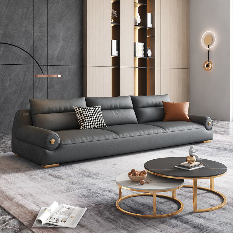 Stain Resistant Faux Leather Round Arm Sofa Standard Sofa with Sewn Pillow Back Clearhalo 'furn' 'furn_sofas' 'Furniture' 'Living Room Furniture' 'Sofa' 'sofas' 5360426