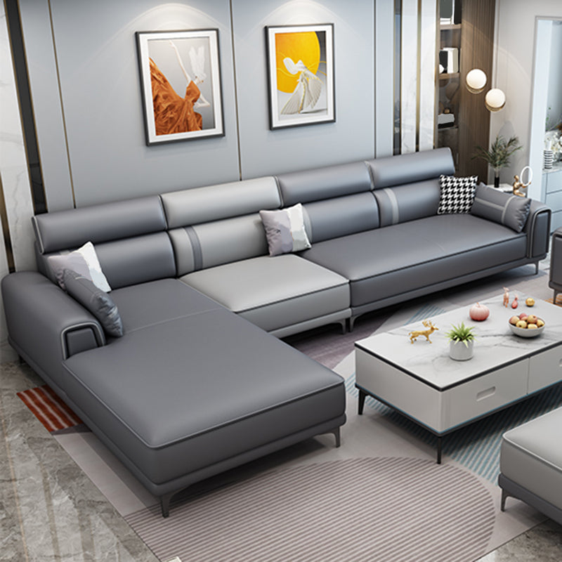 Contemporary Sofa & Chaise in Grey Square Arm Sectional with Bolster Pillows