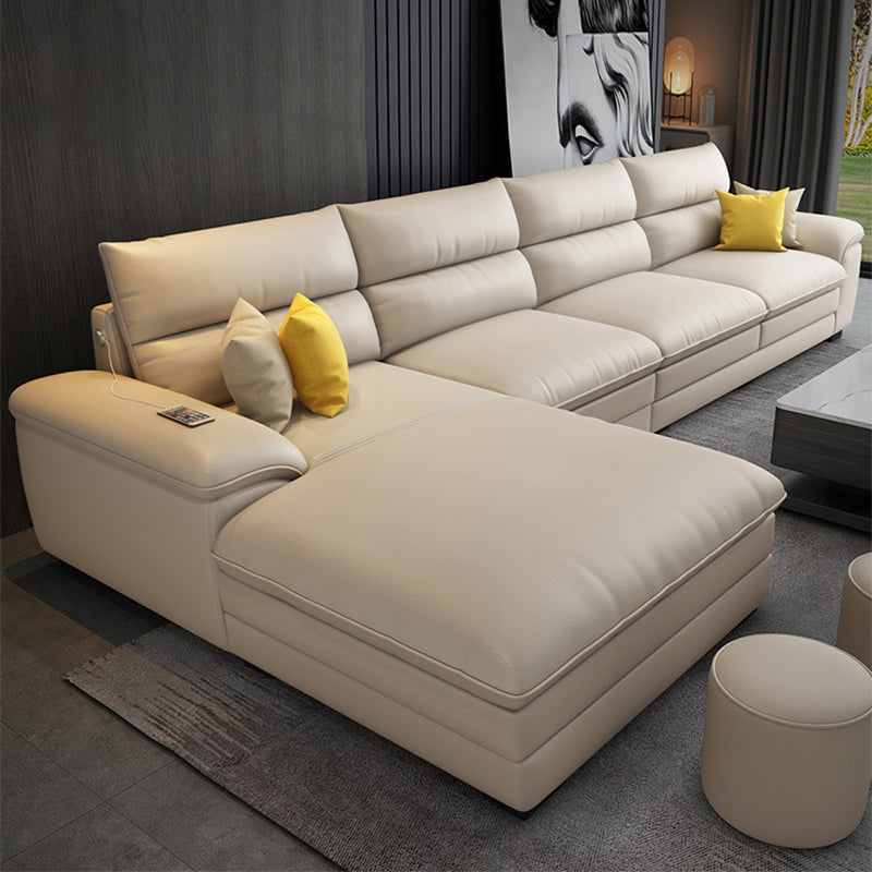 Contemporary Genuine Leather Sectional Pillow Top Arm Sectional in Beige