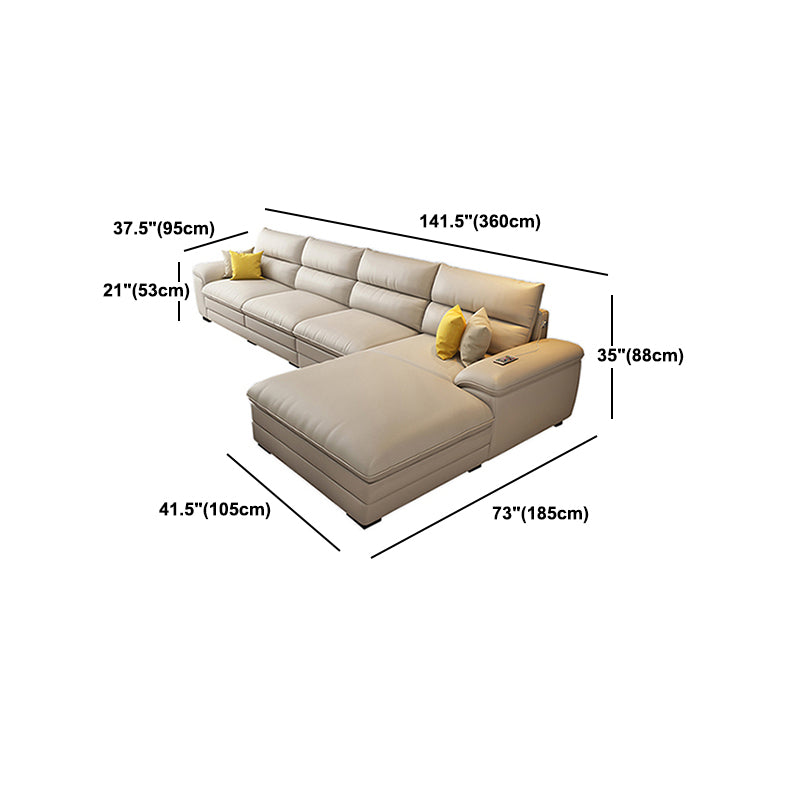 Contemporary Genuine Leather Sectional Pillow Top Arm Sectional in Beige