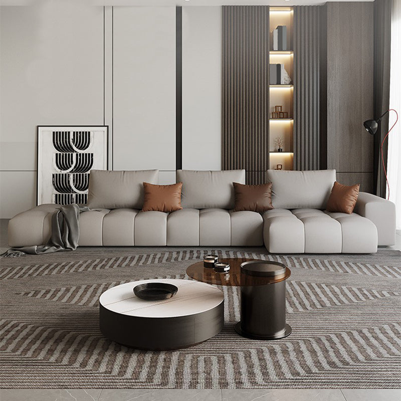 Nordic Sofa & Chaise in Beige Square Arm Sofa with Bolster Pillows