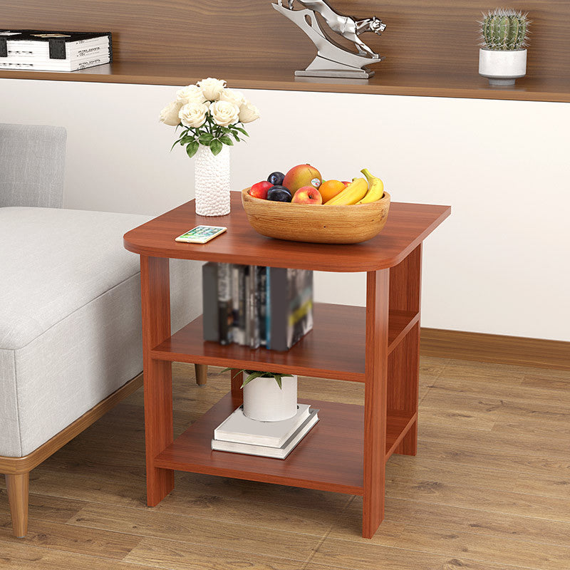 Transitional Square Wood End Table 4 Legs Sofa Side Table with Shelves