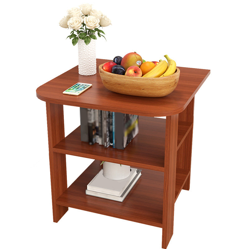 Transitional Square Wood End Table 4 Legs Sofa Side Table with Shelves