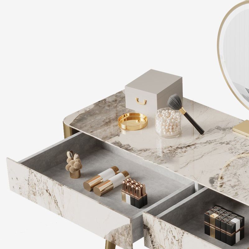 Glam White and Gold Makeup Vanity Set Slate Make-up Vanity with 2 Drawers Clearhalo 'Bedroom Furniture' 'furn' 'furn_makeup_vanities' 'Furniture' 'Makeup Vanities' 'makeup_vanities' 5362275