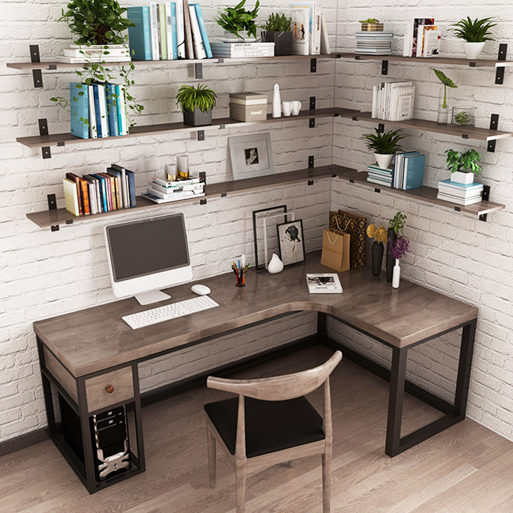 Solid Wood Computer Desk Industrial Style L-Shape Office Desk with Storage and Drawer Brown Clearhalo 'furn' 'furn_office_desk' 'Furniture' 'Office Desks' 'Office Furniture' 'office_desk' 5368067