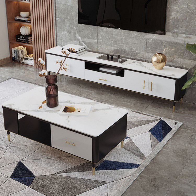 Glam Style TV Stand Stone Open Storage TV Console with 2-Door