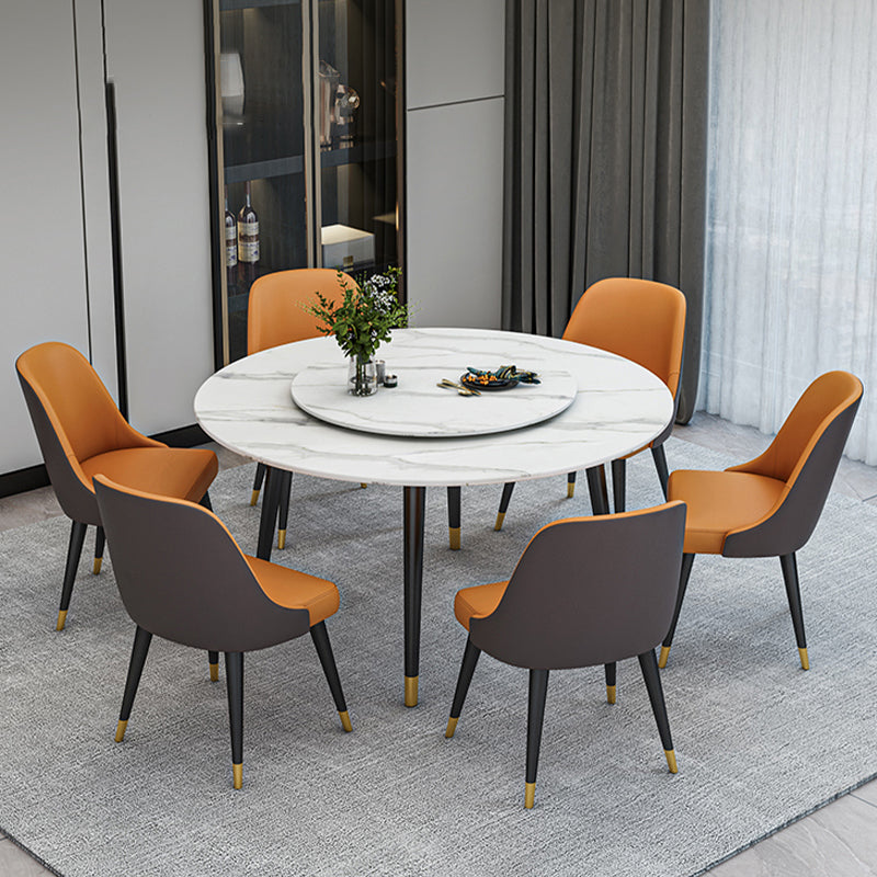Glam Iron Dinette Set 1/4/5/6/7 Pieces Round White Sintered Stone Top Dining Table Set 7 Pieces: Table, 6 Orange Chairs Clearhalo 'Dining Room Sets' 'Dining Tables & Seating' 'dining_room_set' 'furn' 'furn_dining_room_set' 'Furniture' 'Kitchen & Dining Furniture' 5371580