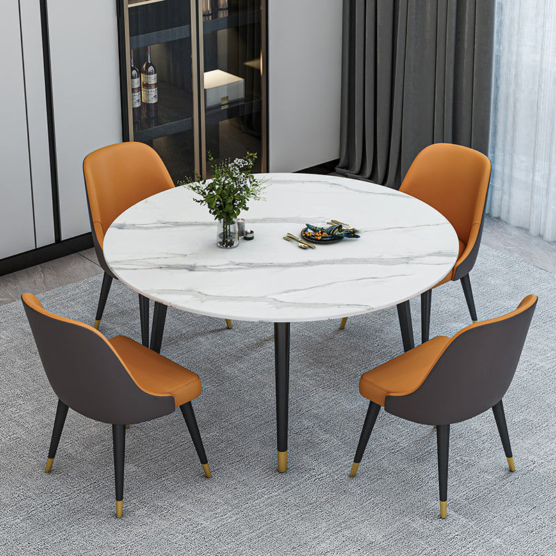 Glam Iron Dinette Set 1/4/5/6/7 Pieces Round White Sintered Stone Top Dining Table Set 5 Pieces: Table, 4 Orange Chairs Clearhalo 'Dining Room Sets' 'Dining Tables & Seating' 'dining_room_set' 'furn' 'furn_dining_room_set' 'Furniture' 'Kitchen & Dining Furniture' 5371582
