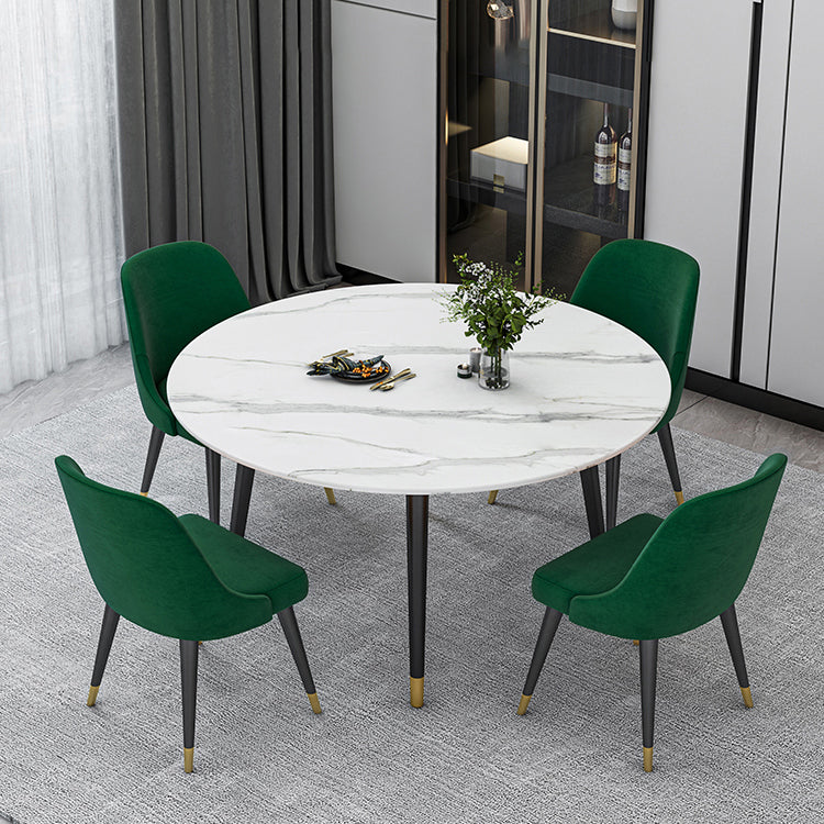 Glam Iron Dinette Set 1/4/5/6/7 Pieces Round White Sintered Stone Top Dining Table Set 5 Pieces: Table, 4 Green Chairs Clearhalo 'Dining Room Sets' 'Dining Tables & Seating' 'dining_room_set' 'furn' 'furn_dining_room_set' 'Furniture' 'Kitchen & Dining Furniture' 5371592
