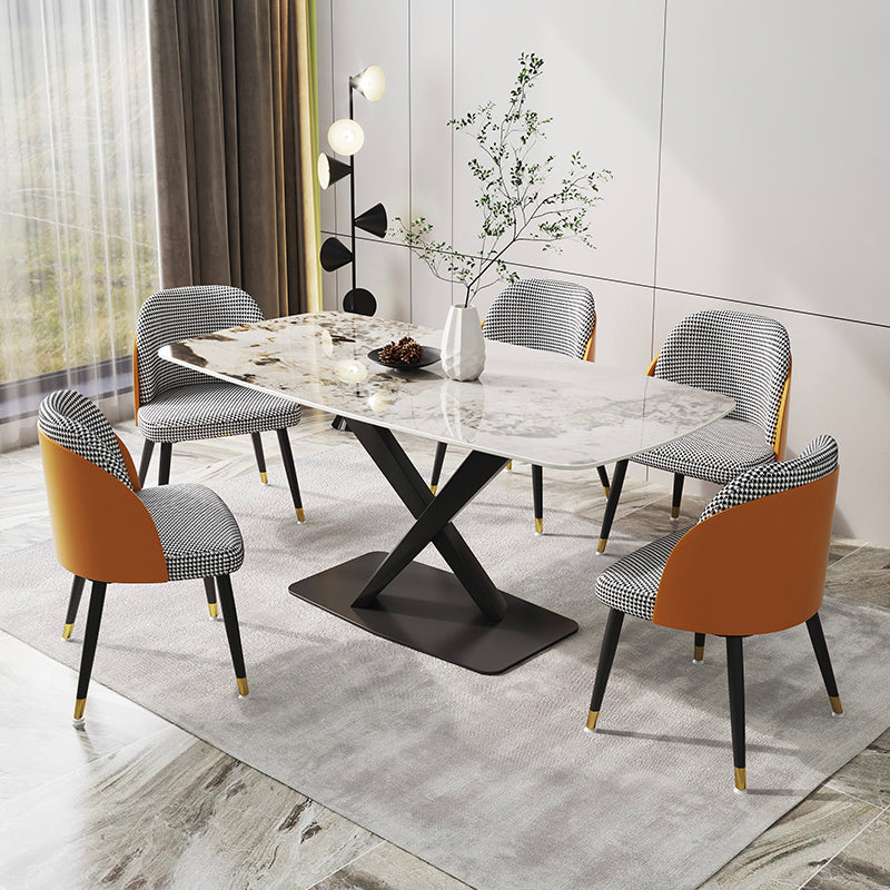 Designer Rectangle Dining Table Set 1/4/5/6/7 Pieces Gold Stone Top Dinette Set 6 Pieces: Table, 5 Chairs Clearhalo 'Dining Room Sets' 'Dining Tables & Seating' 'dining_room_set' 'furn' 'furn_dining_room_set' 'Furniture' 'Kitchen & Dining Furniture' 5371621