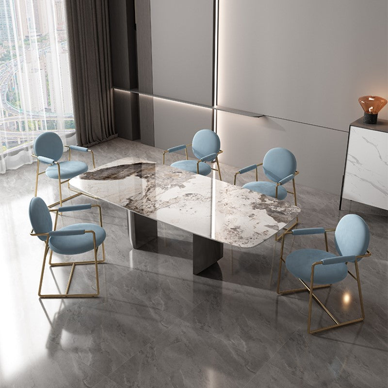 Industrial Double Pedestal Dining Table Rectangle Stone Top Dining Room Table Double Pedestal 55.1"L x 31.5"W x 29.5"H Without Chairs Clearhalo 'Dining Tables & Seating' 'Dining Tables' 'dining_table' 'furn' 'furn_dining_table' 'Furniture' 'Kitchen & Dining Furniture' 5371930