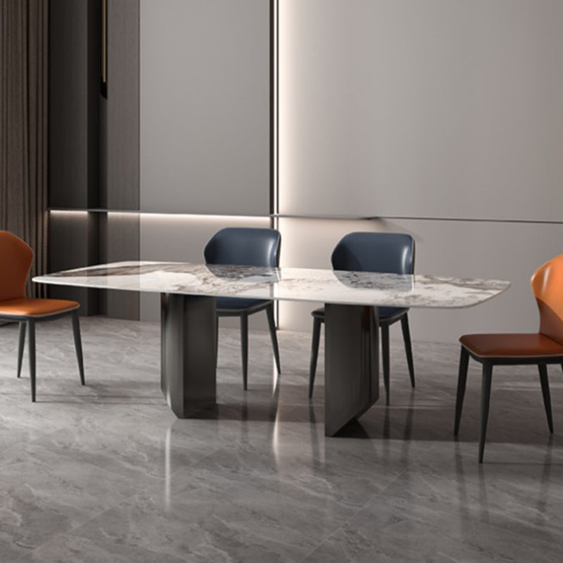 Industrial Double Pedestal Dining Table Rectangle Stone Top Dining Room Table Double Pedestal 70.9"L x 35.4"W x 29.5"H Without Chairs Clearhalo 'Dining Tables & Seating' 'Dining Tables' 'dining_table' 'furn' 'furn_dining_table' 'Furniture' 'Kitchen & Dining Furniture' 5371933