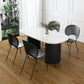 Mesa de comedor ovalada moderna, mesa de pedestal doble de acero negro con tapa de piedra sinterizada