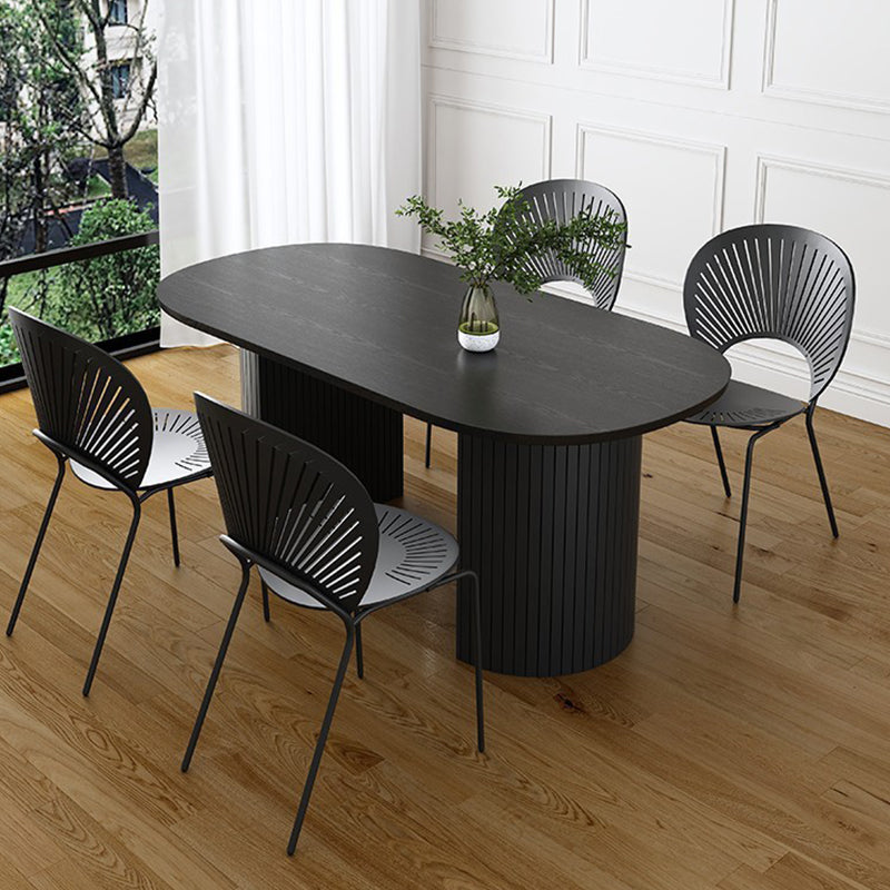 Mesa de comedor ovalada moderna, mesa de pedestal doble de acero negro con tapa de piedra sinterizada