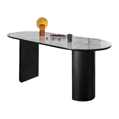 Mesa de comedor ovalada moderna, mesa de pedestal doble de acero negro con tapa de piedra sinterizada