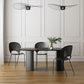 Mesa de comedor ovalada moderna, mesa de pedestal doble de acero negro con tapa de piedra sinterizada