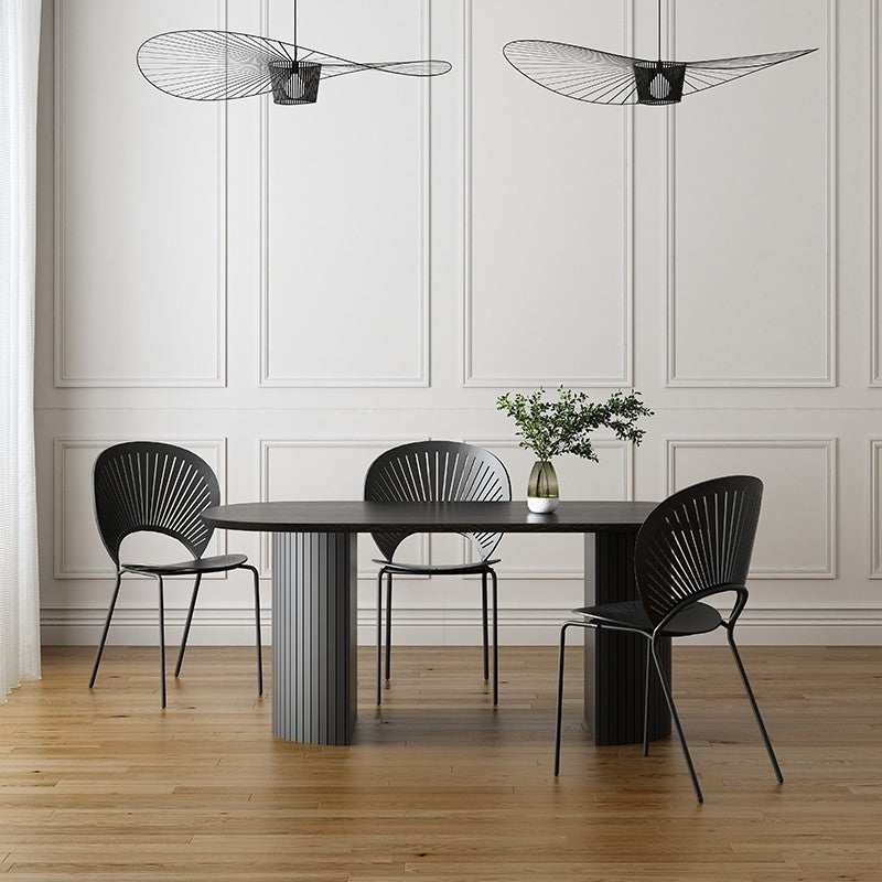 Mesa de comedor ovalada moderna, mesa de pedestal doble de acero negro con tapa de piedra sinterizada