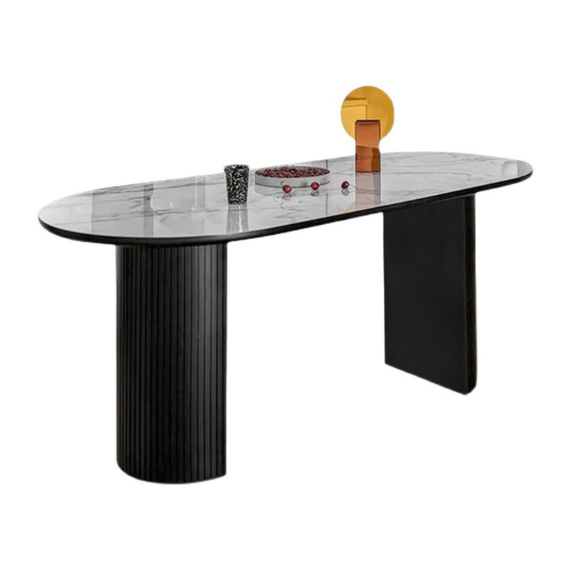 Mesa de comedor ovalada moderna, mesa de pedestal doble de acero negro con tapa de piedra sinterizada
