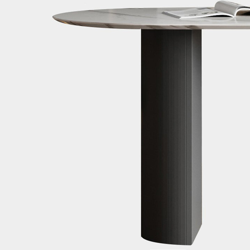 Mesa de comedor ovalada moderna, mesa de pedestal doble de acero negro con tapa de piedra sinterizada