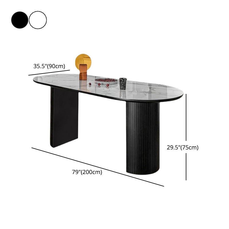 Mesa de comedor ovalada moderna, mesa de pedestal doble de acero negro con tapa de piedra sinterizada