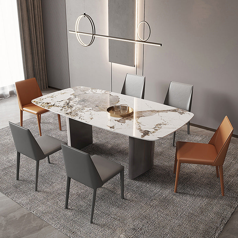 Moderne rechthoekige stenen tafel standaardhoogte dubbele voetstuk eettafel