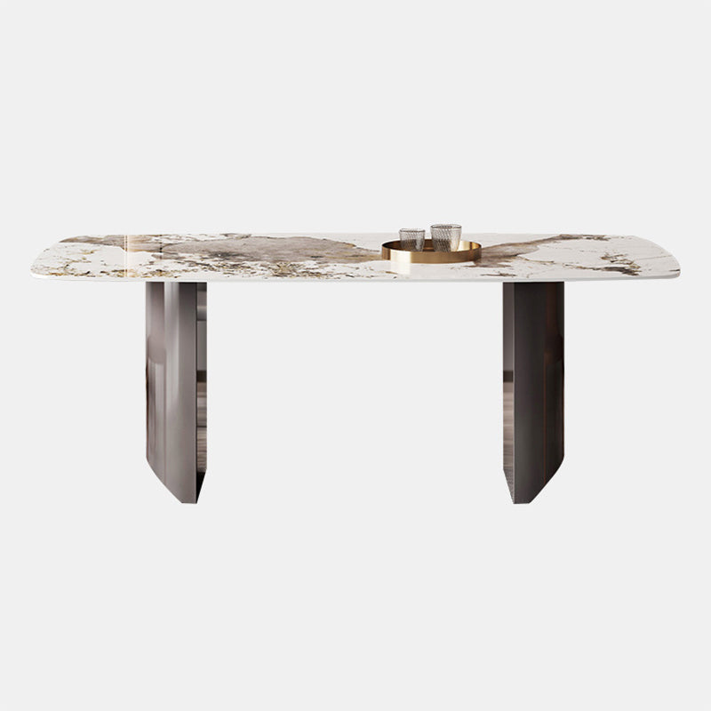 Moderne rechthoekige stenen tafel standaardhoogte dubbele voetstuk eettafel