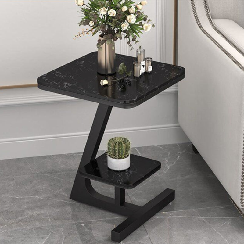 Modern Square Marble Top End Table Two-Tier Side Table with Iron Frame