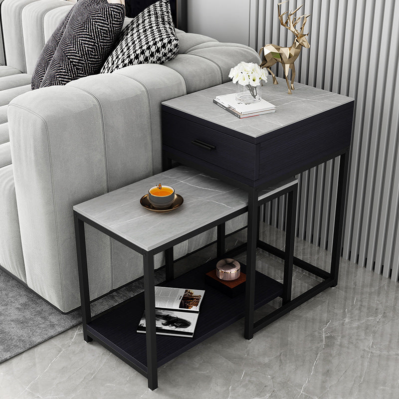 Contemporary Living Room Sofa Side Table Stone Top End Table with Drawer and Shelf 24"L x 16"W x 26"H Gray Clearhalo 'Coffee & Accent Tables' 'End & Side Tables' 'end_side_tables' 'furn' 'furn_end_side_tables' 'Furniture' 'Living Room Furniture' 5374500