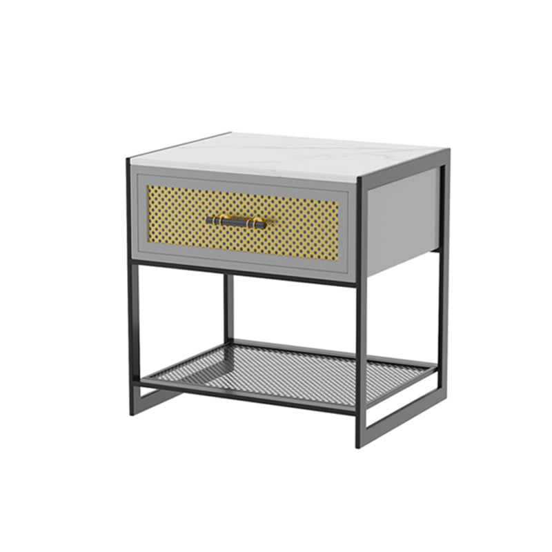 Table de nuit de rangement en pierre avec étagères et tiroir