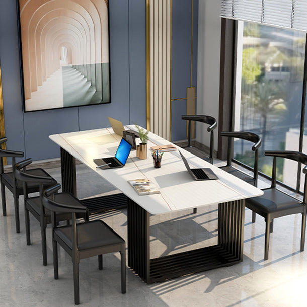 Curved Meeting Table Office Artificial Marble Luxury Writing Desk White-Black Clearhalo 'furn' 'furn_office_desk' 'Furniture' 'Office Desks' 'Office Furniture' 'office_desk' 5379448