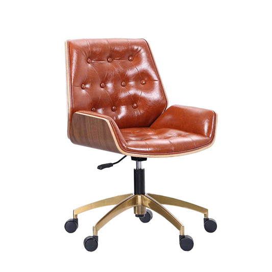 Mid Back Desk Chair Modern Faux Leather Armless Working Chair Brown 1 Piece