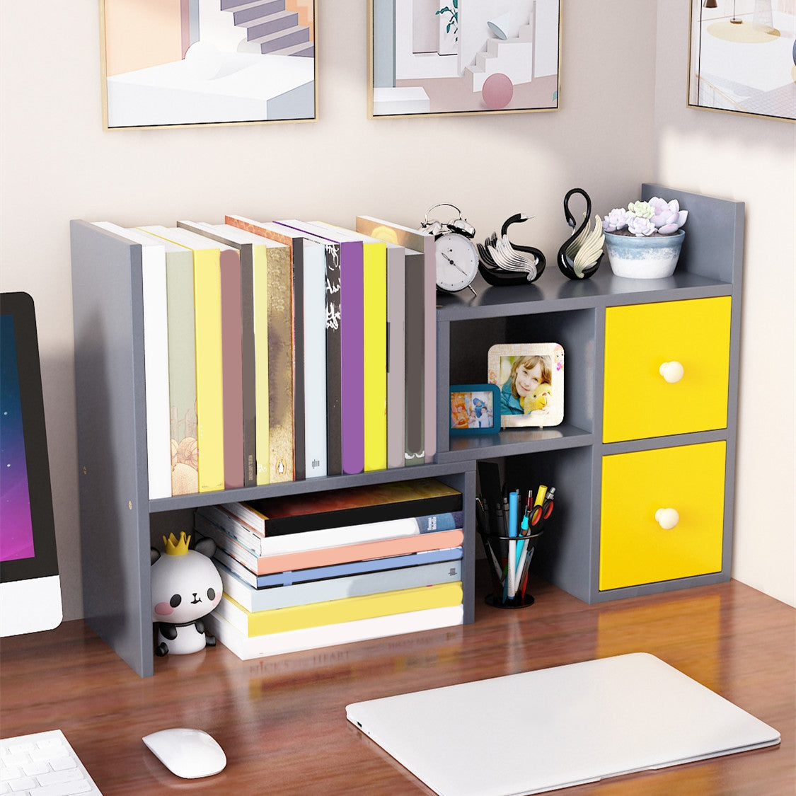 Estantería moderna de madera de ingeniería, estantería geométrica para cualquier habitación, 14 "H x 7" W