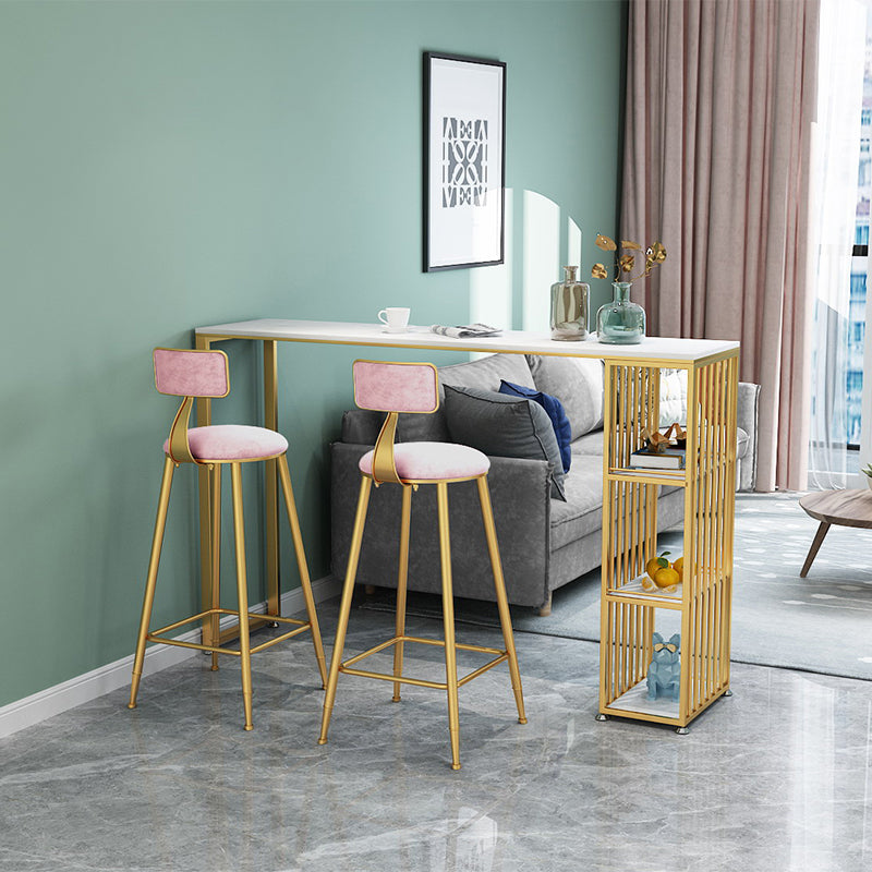 Glam Rectangle Bar Set Storage 1/2/3 Pieces Stone Counter Height Set in Gold 3 Pieces: Table, 2 Pink Stools Clearhalo 'Bar Furniture' 'furn' 'furn_home_bar_bar_sets' 'Furniture' 'Home Bars & Bar Sets' 'home_bar_bar_sets' 'Kitchen & Dining Furniture' 5381591