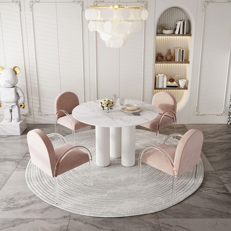 Modern 1/5 Pieces Dining Set Round Stone Dining Table for Dining Room Kitchen 5 Pieces: White Table, 4 Pink Chairs Clearhalo 'Dining Room Sets' 'Dining Tables & Seating' 'dining_room_set' 'furn' 'furn_dining_room_set' 'Furniture' 'Kitchen & Dining Furniture' 5381710