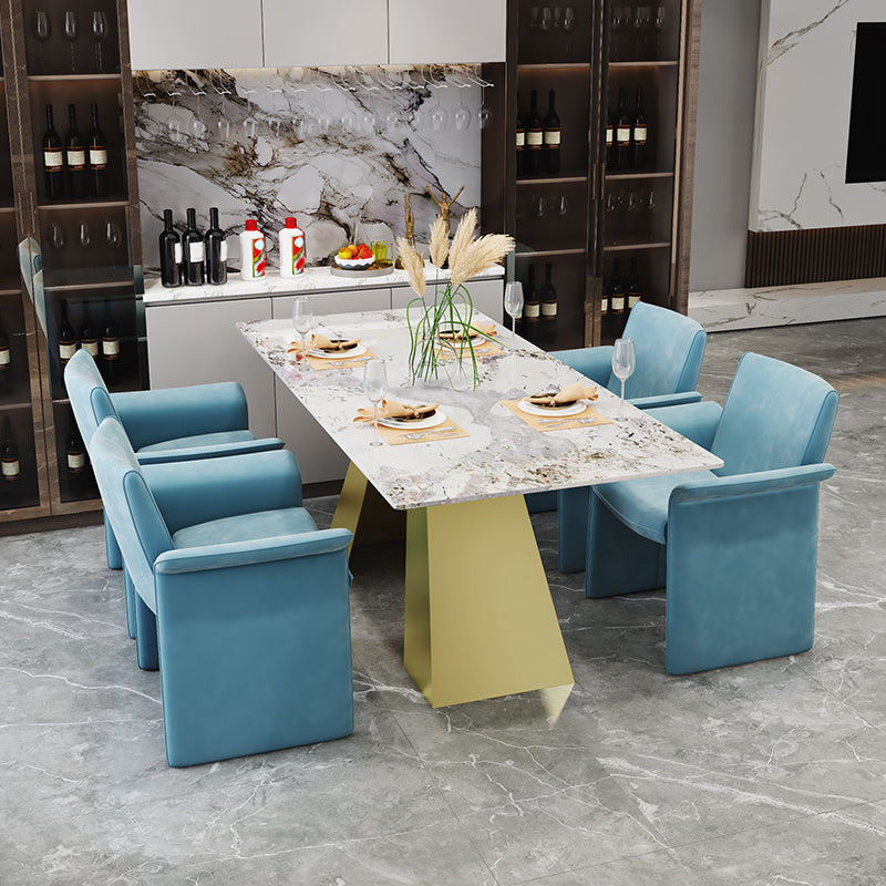 Nordic 1/5 Pieces Dining Set Rectangle Stone Dining Table for Kitchen Dining Room 5 Pieces: White-Gold Table, 4 Blue Chairs Clearhalo 'Dining Room Sets' 'Dining Tables & Seating' 'dining_room_set' 'furn' 'furn_dining_room_set' 'Furniture' 'Kitchen & Dining Furniture' 5381770