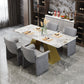 Nordic 1/5 Pieces Dining Set Rectangle Stone Dining Table for Kitchen Dining Room 5 Pieces: White-Gold Table, 4 Grey Chairs Clearhalo 'Dining Room Sets' 'Dining Tables & Seating' 'dining_room_set' 'furn' 'furn_dining_room_set' 'Furniture' 'Kitchen & Dining Furniture' 5381772