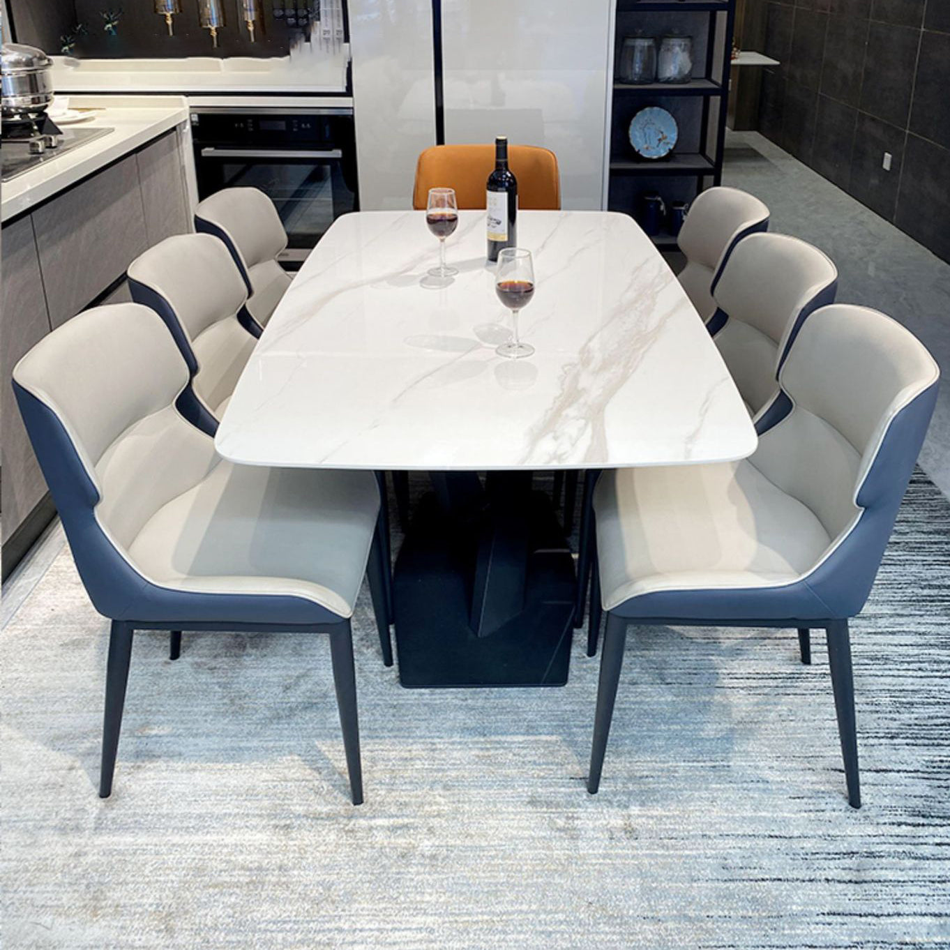 Rechthoek moderne stenen tafel standaard hoogte eettafel met voetstukbasis