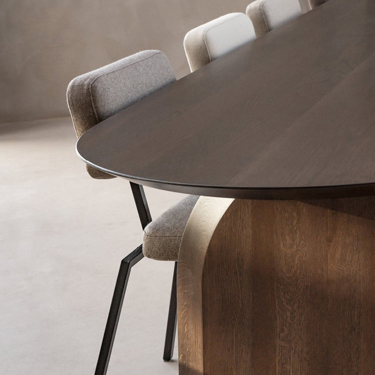 Dennen vaste houten eettafel moderne ovale eettafel met dubbele voetstuk