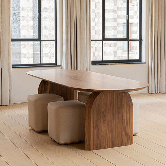 Dennen vaste houten eettafel moderne ovale eettafel met dubbele voetstuk
