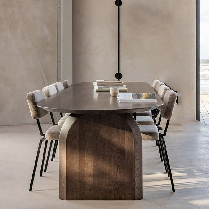 Dennen vaste houten eettafel moderne ovale eettafel met dubbele voetstuk