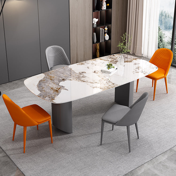 Sintered Stone Top Dining Table in White Modern Rectangle Table with Double Pedestal 55.1"L x 31.5"W x 29.5"H Without Chairs Clearhalo 'Dining Tables & Seating' 'Dining Tables' 'dining_table' 'furn' 'furn_dining_table' 'Furniture' 'Kitchen & Dining Furniture' 5382178