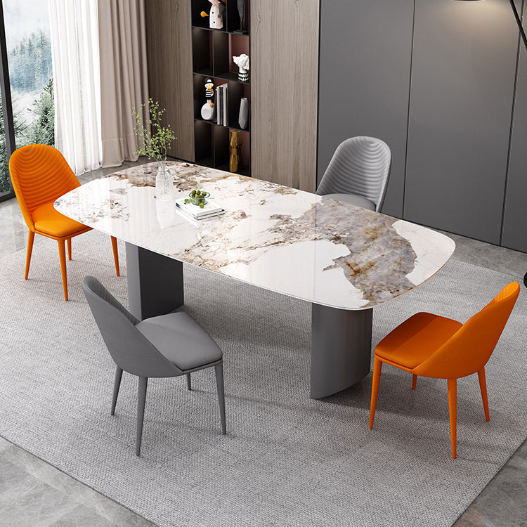 Sintered Stone Top Dining Table in White Modern Rectangle Table with Double Pedestal 59.1"L x 31.5"W x 29.5"H Without Chairs Clearhalo 'Dining Tables & Seating' 'Dining Tables' 'dining_table' 'furn' 'furn_dining_table' 'Furniture' 'Kitchen & Dining Furniture' 5382181