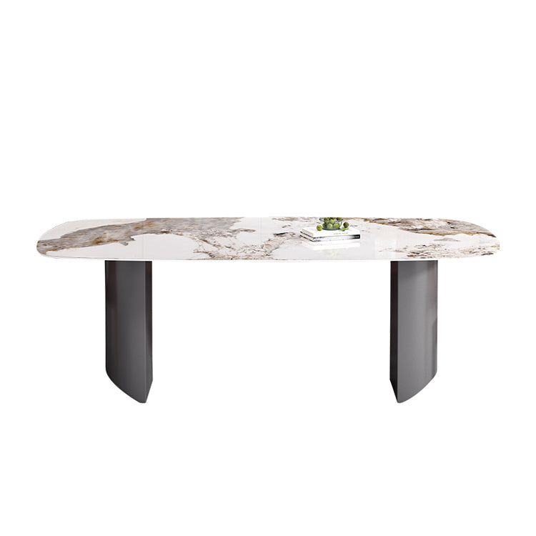 Sintered Stone Top Dining Table in White Modern Rectangle Table with Double Pedestal Clearhalo 'Dining Tables & Seating' 'Dining Tables' 'dining_table' 'furn' 'furn_dining_table' 'Furniture' 'Kitchen & Dining Furniture' 5382182