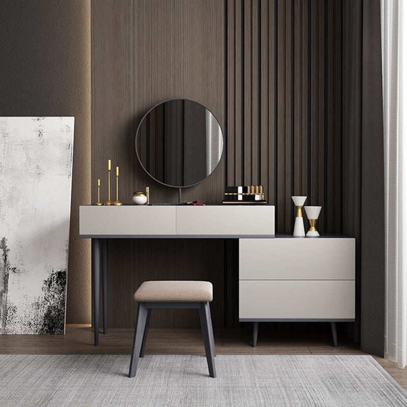 Modern Style White Wood-based Material Countertop Black Base with 4 Drawer Dresser Makeup Vanity & Mirror & Stools 31"L x 18"W x 31"H Clearhalo 'Bedroom Furniture' 'furn' 'furn_makeup_vanities' 'Furniture' 'Makeup Vanities' 'makeup_vanities' 5383562