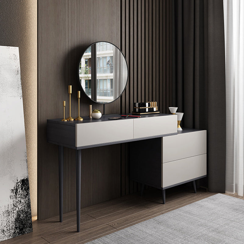 Modern Style White Wood-based Material Countertop Black Base with 4 Drawer Dresser Makeup Vanity & Mirror 45"L x 18"W x 31"H Clearhalo 'Bedroom Furniture' 'furn' 'furn_makeup_vanities' 'Furniture' 'Makeup Vanities' 'makeup_vanities' 5383565