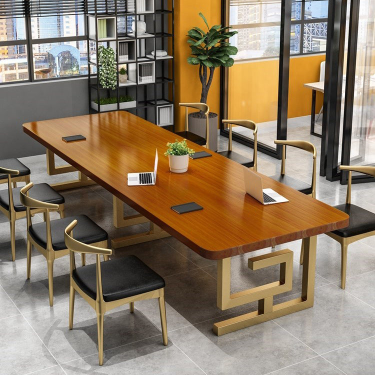 Curved Office Writing Desk Glam Style Solid Wood Office Desk 63"L x 27.6"W x 29.5"H Gold-Brown Clearhalo 'furn' 'furn_office_desk' 'Furniture' 'Office Desks' 'Office Furniture' 'office_desk' 5389134