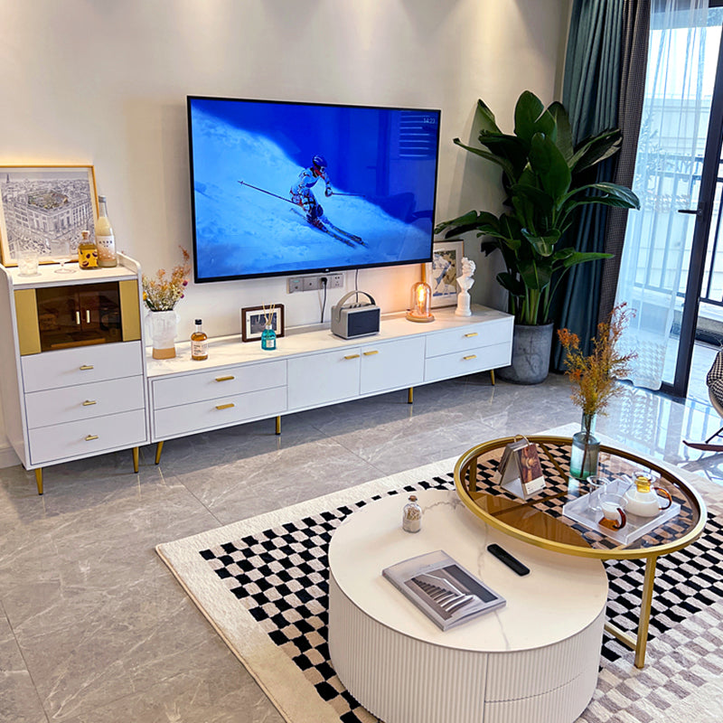 White Glam Style TV Stand Stone Enclosed Storage TV Cabinet with 4 Drawers Clearhalo 'furn' 'furn_tv_stands_entertainment_centers' 'Furniture' 'Living Room Furniture' 'TV Stands & Entertainment Centers' 'TV Stands & Media Storage Furniture' 'tv_stands_entertainment_centers' 5390415