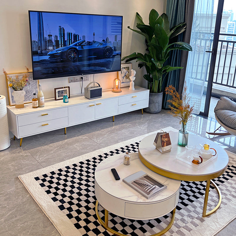 White Glam Style TV Stand Stone Enclosed Storage TV Cabinet with 4 Drawers Clearhalo 'furn' 'furn_tv_stands_entertainment_centers' 'Furniture' 'Living Room Furniture' 'TV Stands & Entertainment Centers' 'TV Stands & Media Storage Furniture' 'tv_stands_entertainment_centers' 5390416